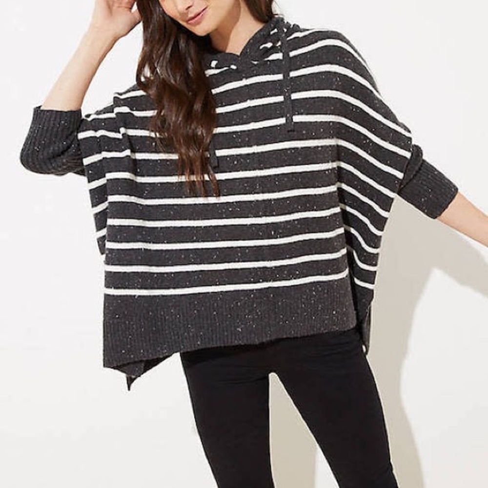 LOFT Charcoal and White Striped Poncho sweater with hood